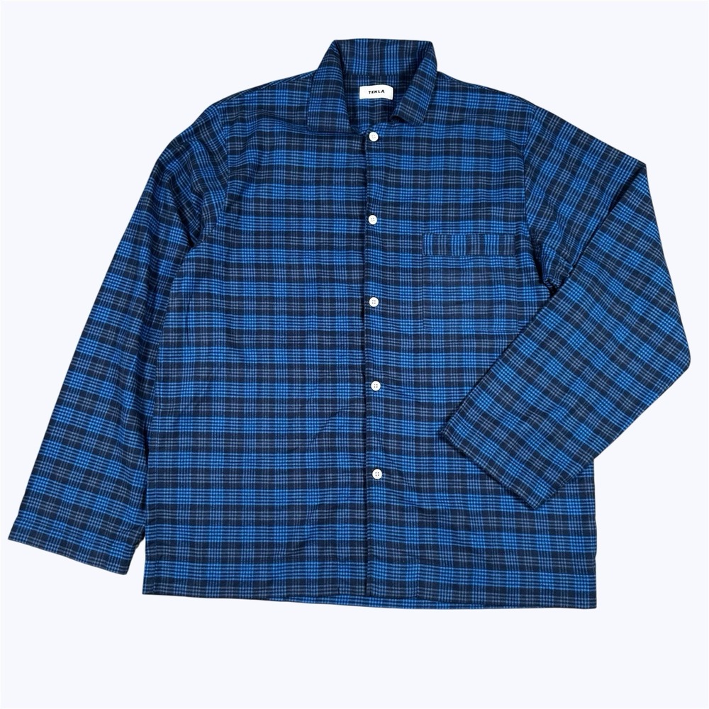 Tekla Adult Sz L Soft 100% Organic Cotton Pajama Shirt Button Down Blue Plaid